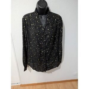 Allegra K Black Gold Celestial‎ Star Print Button Front Blouse Women's M